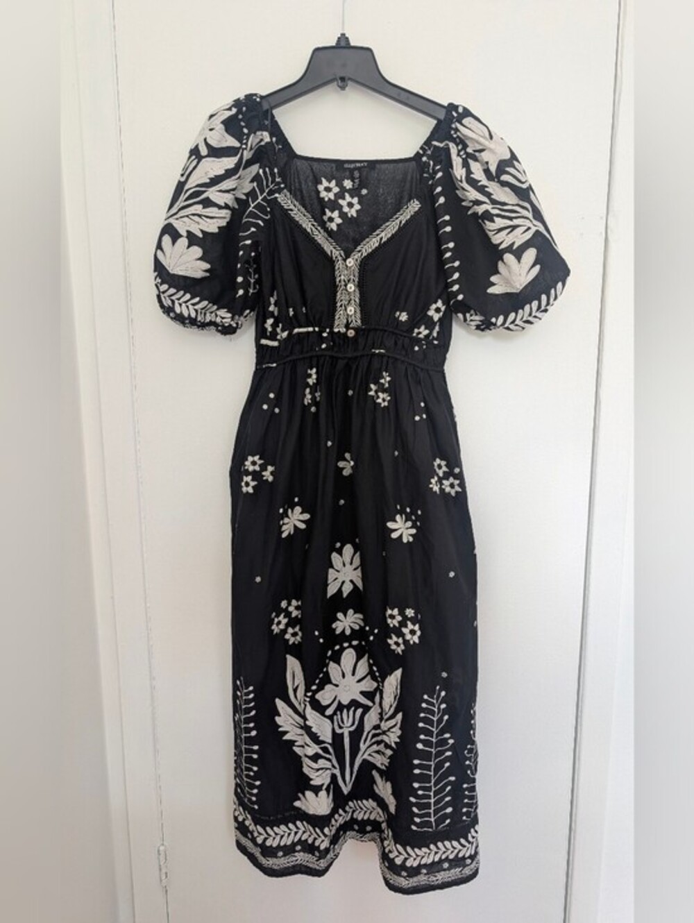 Ellen Tracy Black White Floral Cotton Midi Dress Puff Sleeve Boho Feminine M